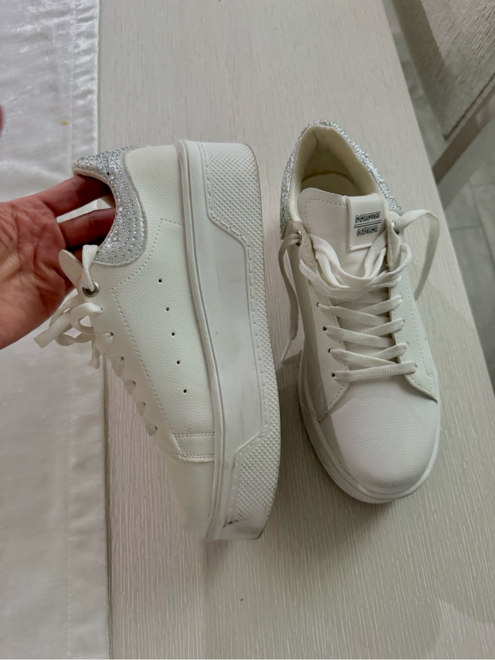 White Platform Sneakers with Glitter Heel